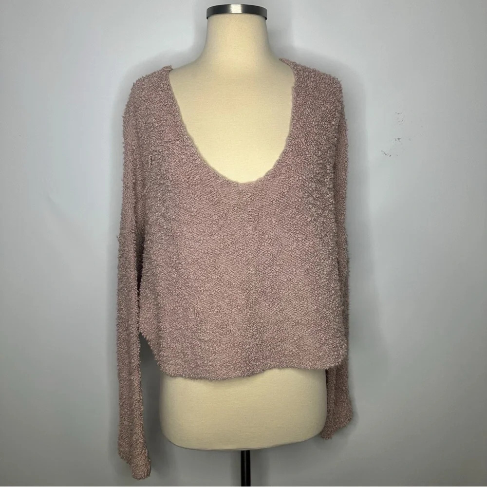Free People Cropped Popcorn Pullover Boxy V Neck Sweater Lavender Mauve Medium - Picture 2 of 4